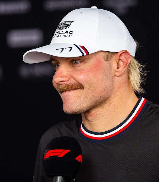 Valtteri Bottas in his Cadillac F1 #77 cap at a press conference