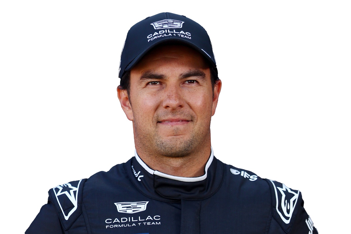 Sergio Pérez in Cadillac F1 team cap and racing overalls
