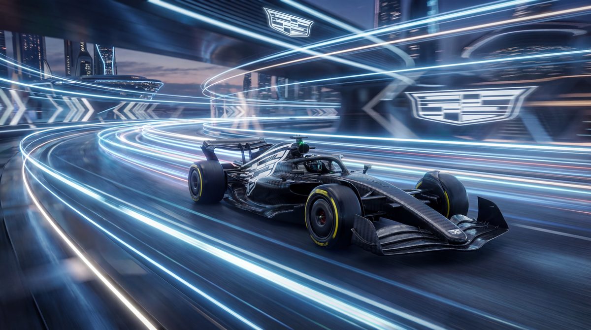 Carbon-fiber Cadillac F1 in a neon-blue circuit — featured wallpaper